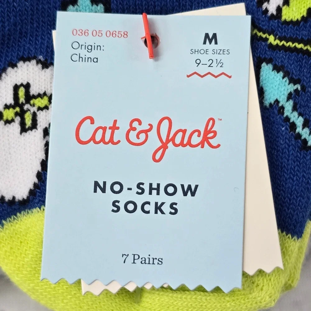 Cat & Jack Kids 14 Pack No-Show Gamer Socks Blue Neon Green Size M 9-2.5 NWT